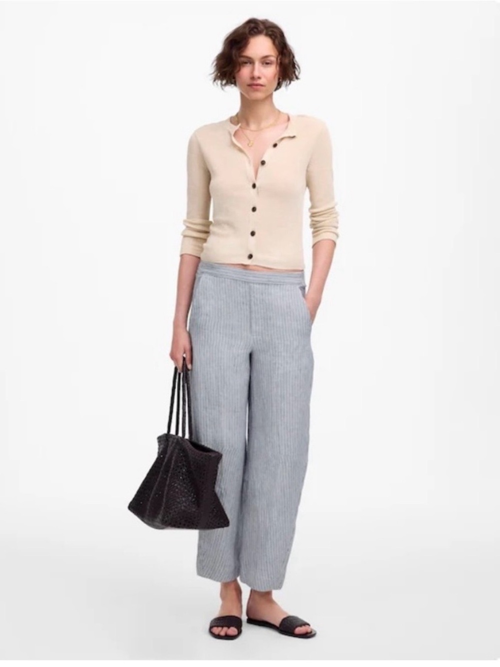 Madewell Pants 100% Linen Pull On Barrel Crop Striped Size Large High Waist